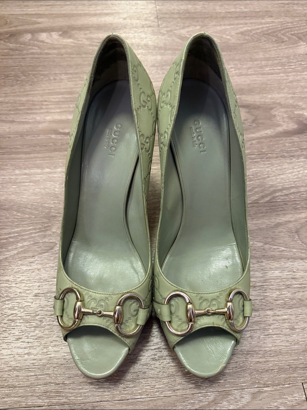 Gucci Light Green Guccissima Leather Horsebit Peep-Toe Pumps
